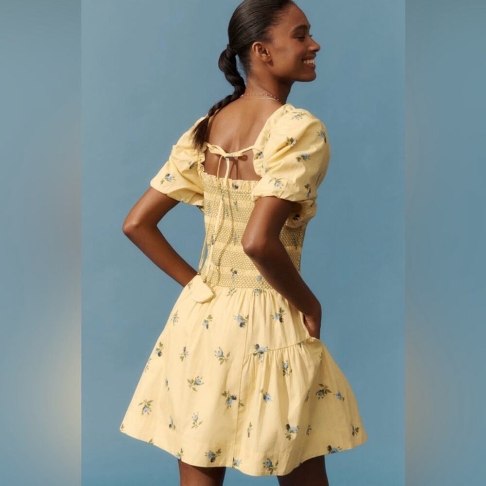 Anthro Butter Yellow Floral Smocked Puff Sleeve Mini Dress Medium Cottagecore